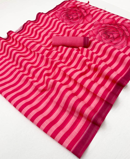 Tremendous Dark Pink Printed Cotton Silk Saree With Eloquence Blouse Piece