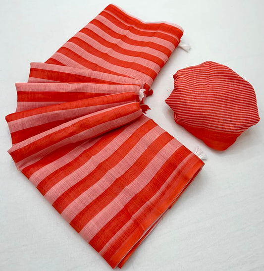 Magnetic Red Printed Cotton Silk Saree With Smashing Blouse Piece