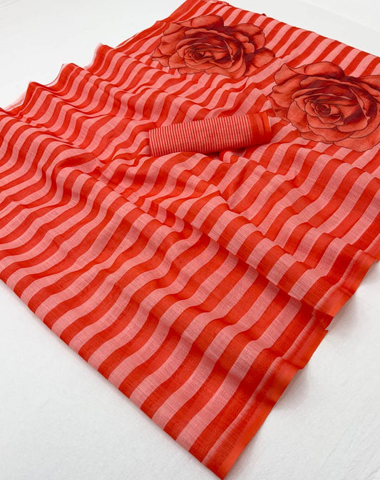 Magnetic Red Printed Cotton Silk Saree With Smashing Blouse Piece