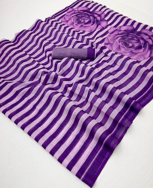 Snappy Purple Printed Cotton Silk Saree With Marvellous Blouse Piece