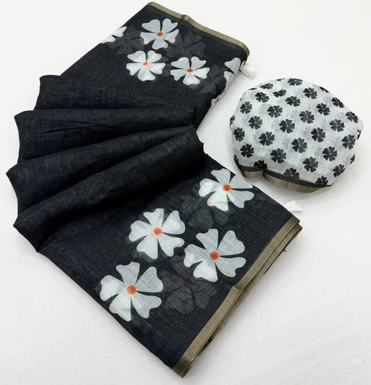 Rhapsody Black Printed Cotton Silk Saree With Aplomb Blouse Piece