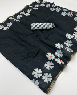 Rhapsody Black Printed Cotton Silk Saree With Aplomb Blouse Piece
