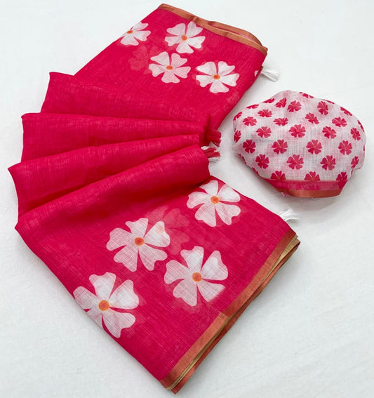 Improbable Dark Pink Printed Cotton Silk Saree With Susurrous Blouse Piece