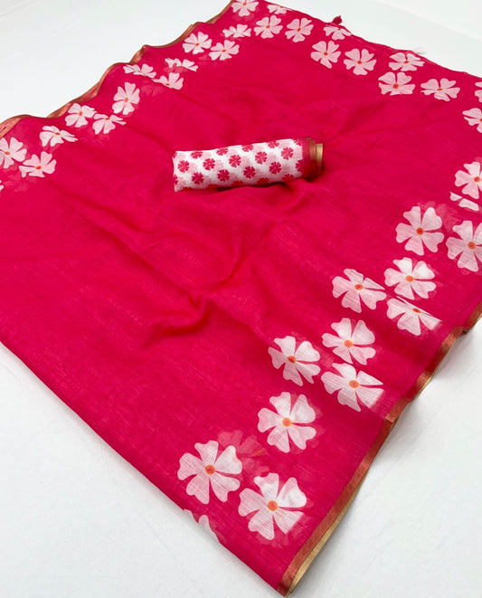 Improbable Dark Pink Printed Cotton Silk Saree With Susurrous Blouse Piece