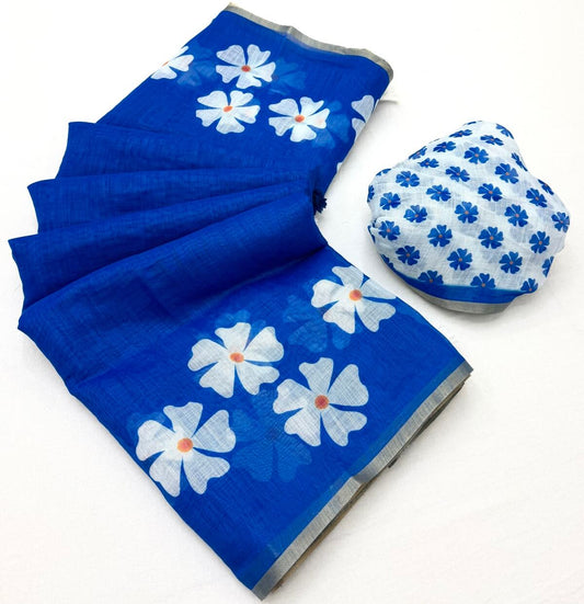 Redolent Royal Blue Printed Cotton Silk Saree With Serendipity Blouse Piece
