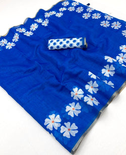 Redolent Royal Blue Printed Cotton Silk Saree With Serendipity Blouse Piece