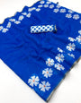 Redolent Royal Blue Printed Cotton Silk Saree With Serendipity Blouse Piece