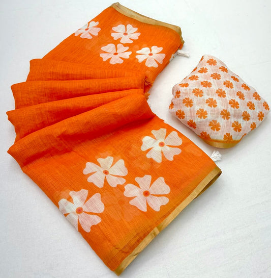 Ethnic Orange Printed Cotton Silk Saree With Intricate Blouse Piece