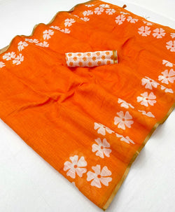 Ethnic Orange Printed Cotton Silk Saree With Intricate Blouse Piece