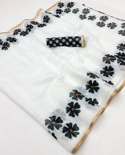 Unique Off White Printed Cotton Silk Saree With Sonorous Blouse Piece