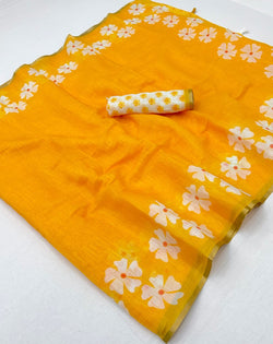Zephyr Yellow Printed Cotton Silk Saree With Glittering Blouse Piece