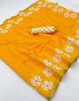 Zephyr Yellow Printed Cotton Silk Saree With Glittering Blouse Piece