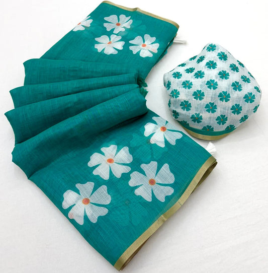 Smart Sea Green Printed Cotton Silk Saree With Bucolic Blouse Piece