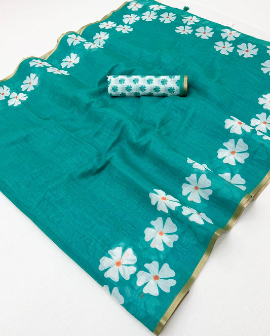 Smart Sea Green Printed Cotton Silk Saree With Bucolic Blouse Piece