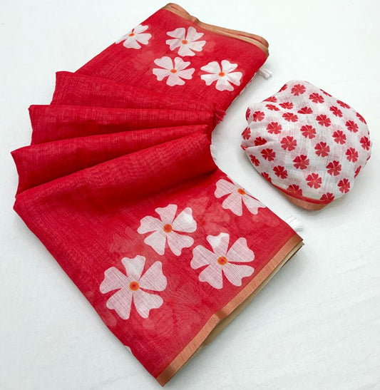 Dissemble Red Printed Cotton Silk Saree With Eclat Blouse Piece
