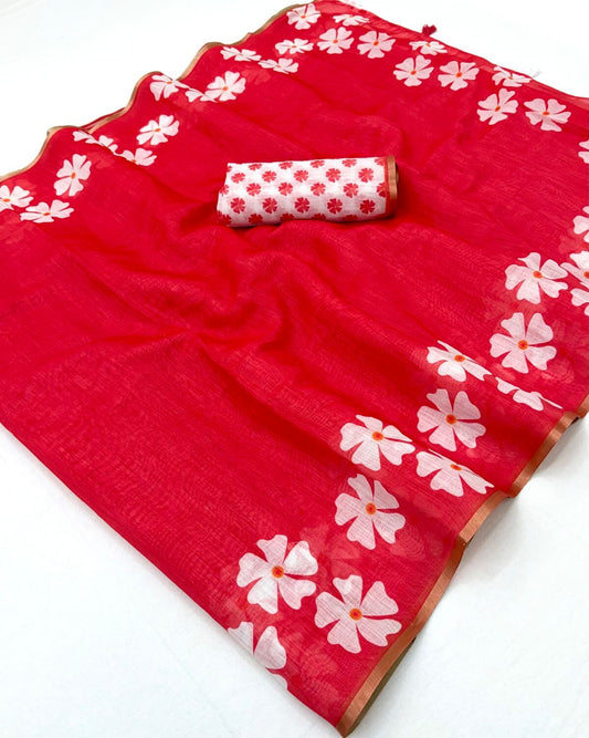 Dissemble Red Printed Cotton Silk Saree With Eclat Blouse Piece