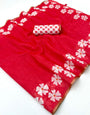 Dissemble Red Printed Cotton Silk Saree With Eclat Blouse Piece