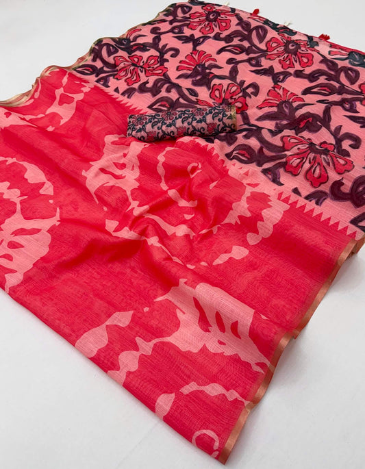 Charismatic Pink Printed Cotton Silk Saree With Pretty Blouse Piece