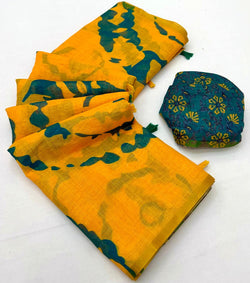 Sophisticated Yellow Printed Cotton Silk Saree With Proficient Blouse Piece