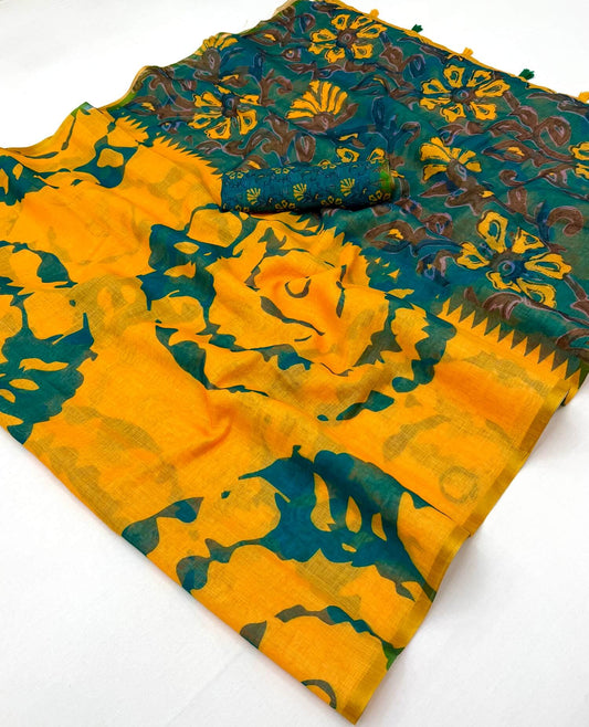 Sophisticated Yellow Printed Cotton Silk Saree With Proficient Blouse Piece
