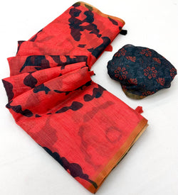 Amazing Red Printed Cotton Silk Saree With Evocative Blouse Piece