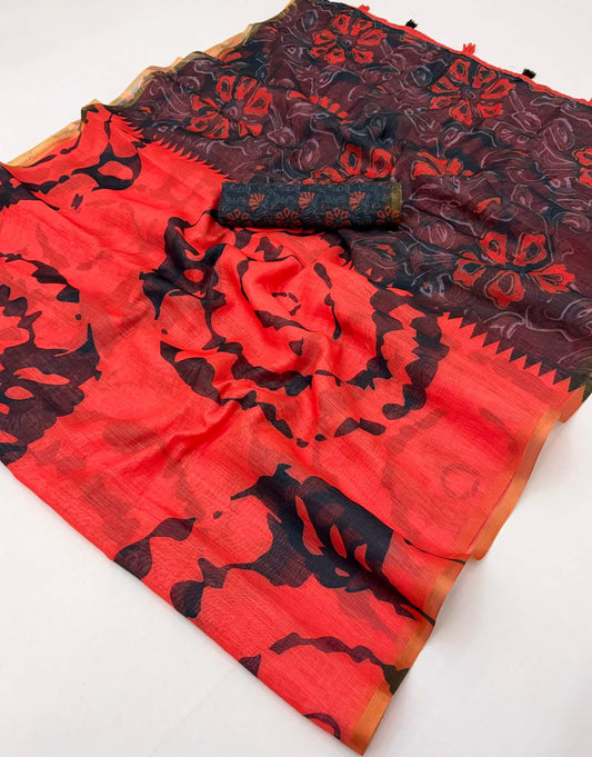 Amazing Red Printed Cotton Silk Saree With Evocative Blouse Piece