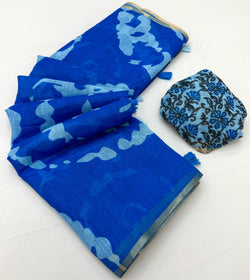 Denouement Royal Blue Printed Cotton Silk Saree With Supernal Blouse Piece