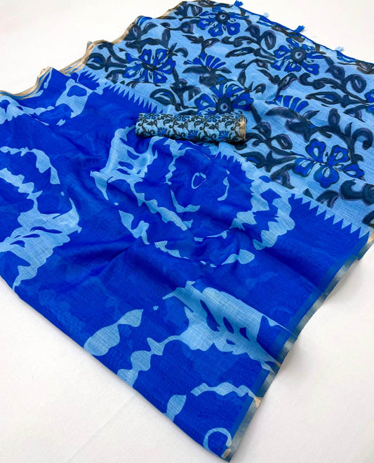 Denouement Royal Blue Printed Cotton Silk Saree With Supernal Blouse Piece