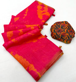 Beguiling Dark Pink Printed Cotton Silk Saree With Unique Blouse Piece