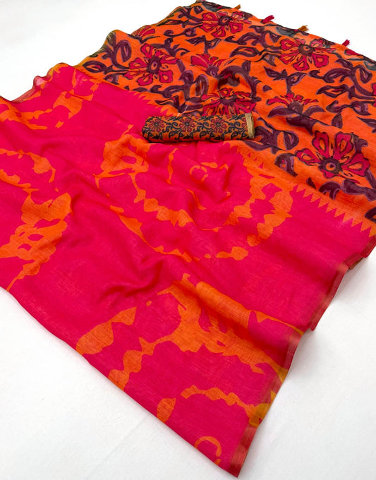 Beguiling Dark Pink Printed Cotton Silk Saree With Unique Blouse Piece