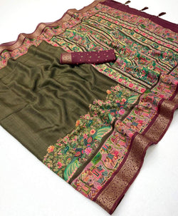 Proficient Mehndi Printed Viscose Silk Saree With Snappy Blouse Piece