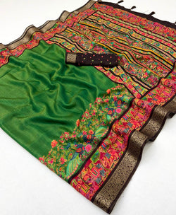 Scrupulous Dark Green Printed Viscose Silk Saree With Brood Blouse Piece
