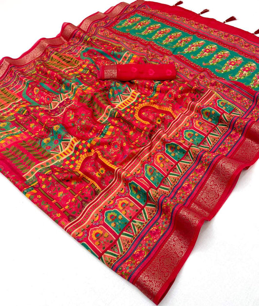 Palimpsest Red Printed Viscose Silk Saree With Sonorous Blouse Piece