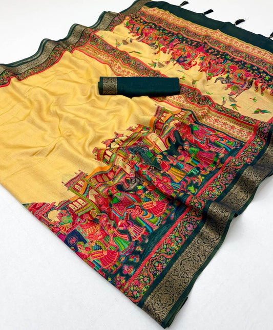 Smashing Yellow Printed Viscose Silk Saree With Unique Blouse Piece