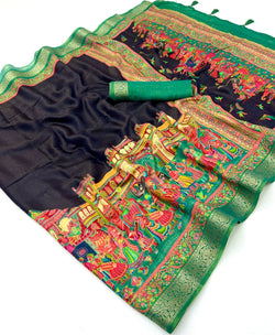 Radiant Black Printed Viscose Silk Saree With Staggering Blouse Piece