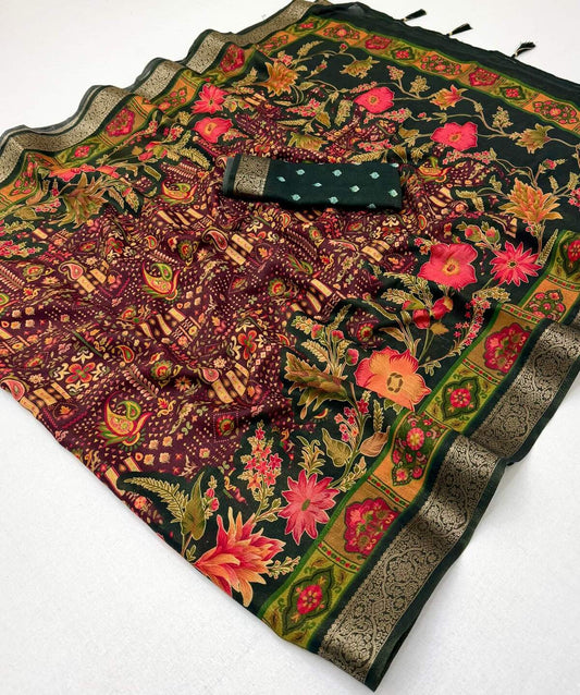 Beauteous Wine Printed Viscose Silk Saree With Scrumptious Blouse Piece