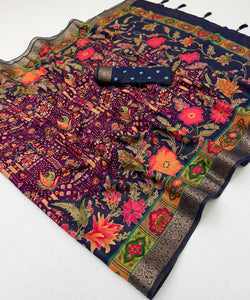 Woebegone Purple Printed Viscose Silk Saree With Evocative Blouse Piece