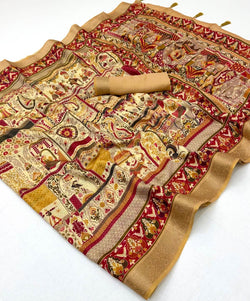 Glorious Beige Printed Viscose Silk Saree With Effulgent Blouse Piece