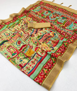 Invaluable Beige Printed Viscose Silk Saree With Pulsating Blouse Piece