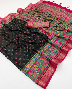 Beguiling Black Printed Viscose Silk Saree With Angelic Blouse Piece