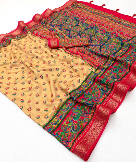 Supernal Beige Printed Viscose Silk Saree With Lustrous Blouse Piece