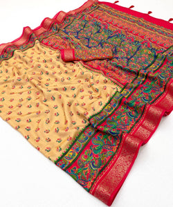 Supernal Beige Printed Viscose Silk Saree With Lustrous Blouse Piece