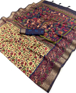 Whimsical Beige Printed Viscose Silk Saree With Intricate Blouse Piece