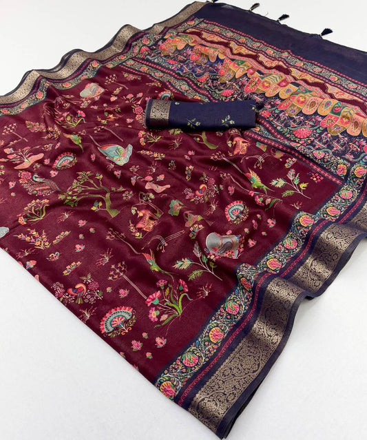 Traditional Wine Printed Viscose Silk Saree With Magnetic Blouse Piece