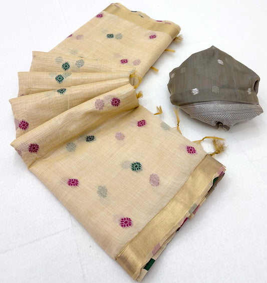 Admirable Beige Pure Munga Cotton Silk Saree With Flamboyant Blouse Piece