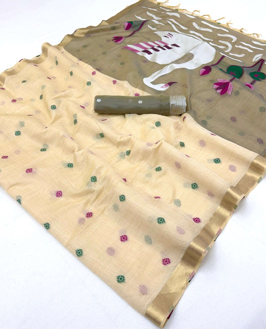Admirable Beige Pure Munga Cotton Silk Saree With Flamboyant Blouse Piece