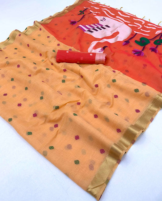 Capricious Peach Pure Munga Cotton Silk Saree With Seraphic Blouse Piece
