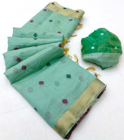 Ailurophile Sea Green Pure Munga Cotton Silk Saree With Angelic Blouse Piece