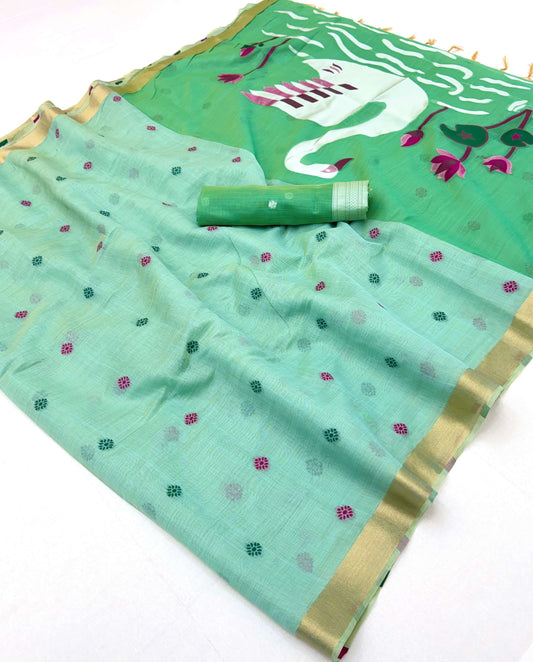 Ailurophile Sea Green Pure Munga Cotton Silk Saree With Angelic Blouse Piece