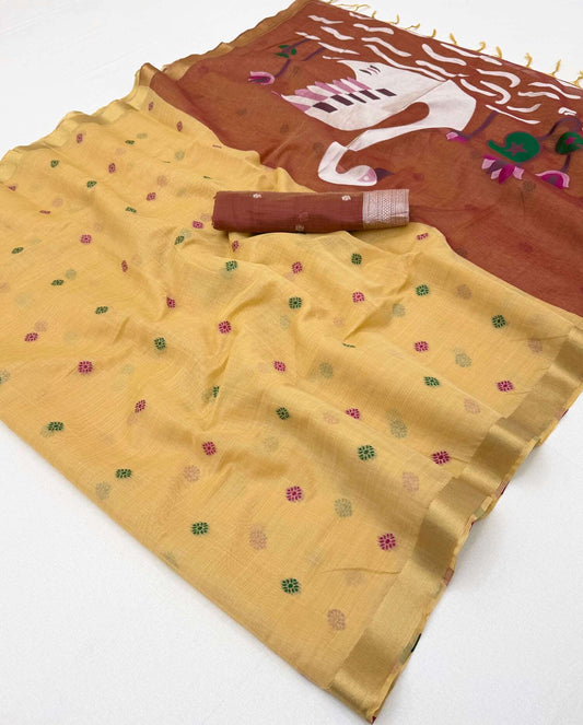 Cynosure Yellow Pure Munga Cotton Silk Saree With Unequalled Blouse Piece